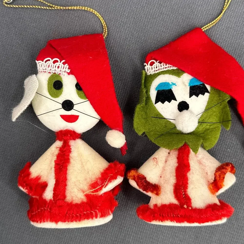 10 VTG 1950s Flocked Felt Christmas Ornaments Mice Cat Snowmen Santa MCM Kitschy